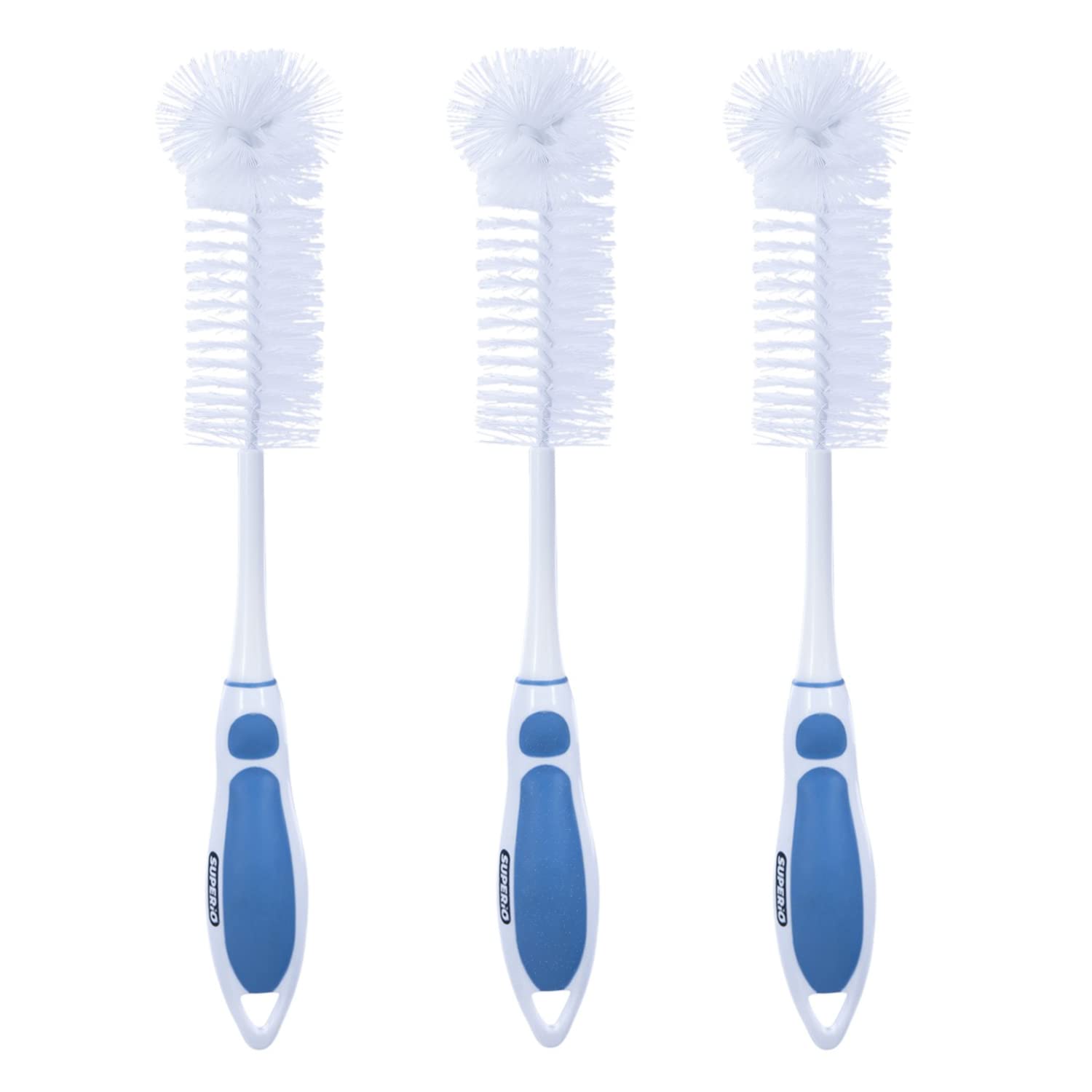 Superio Baby Bottle Brush Cleaner, Water Bottle Cleaner Brush Scrubber, Cup Brush Cleaner, Blue Bottle Washer with Long Handle Silicone Grip, (Blue-3 Pack)