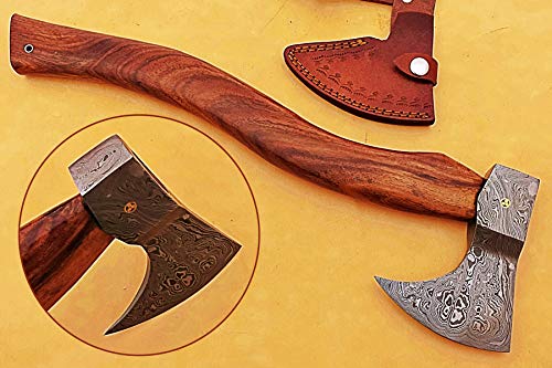 FB LEATHER CRAFTS Tactical Combat Custom Made Damascus Steel Hunting Axe/Throwing Hatchets Smart Axe FBK-23111 / Camping & Hiking/Compact Axe/Heartwarming Gift (Natural Rose Wood)