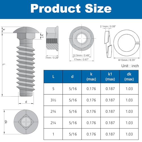 image for Mriuuod 18 Sets 5/16-18 Carriage Bolts for Wheelbarrow Handles Nut and