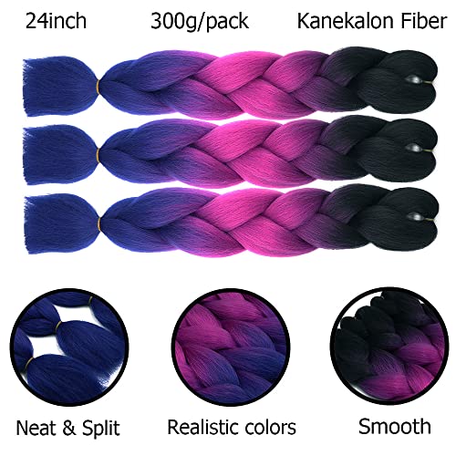 Cybelleza 24inch Braiding Hair Extensions for Braiding Ombre Jumbo Braiding Synthetic Hair 3PCS 300g Crochet Hair Box Braids for Women Braiding Black & Fuchsia & Blue Purple - Image 2