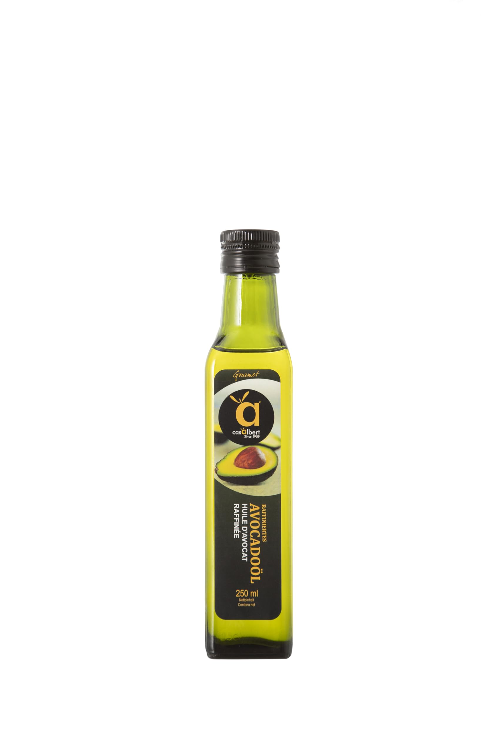 Casalbert Avocadoöl. Ideal zum Kochen bei hohen Temperaturen oder zum kalten Gebrauch in Salaten. 250 ml Glasflasche