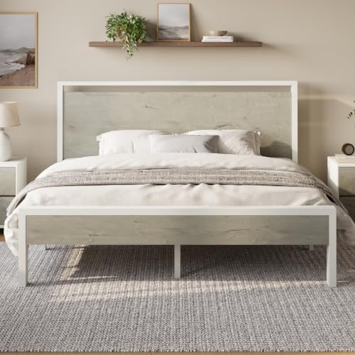 Image of Allewie King Size Bed Frame, Heavy Duty 12 Metal Slats Support, White | Wooden Headboard and Footboard, Modern Platform Bed, No Box Spring Needed, Under-Bed Storage, Noise Free, Easy Assembly