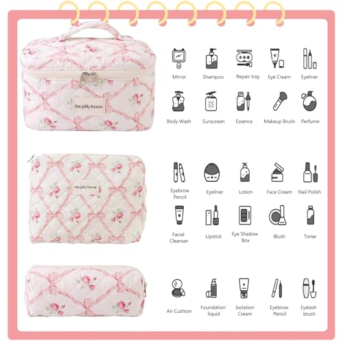3PCS Cotton Quilted Floral Makeup Bag Set for Women Girls, Cute Make Up Bags with Brush Pockets, Large Wide-Open Toiletry Pouch Gifts for Toiletries Accessories Travelling Essentials3