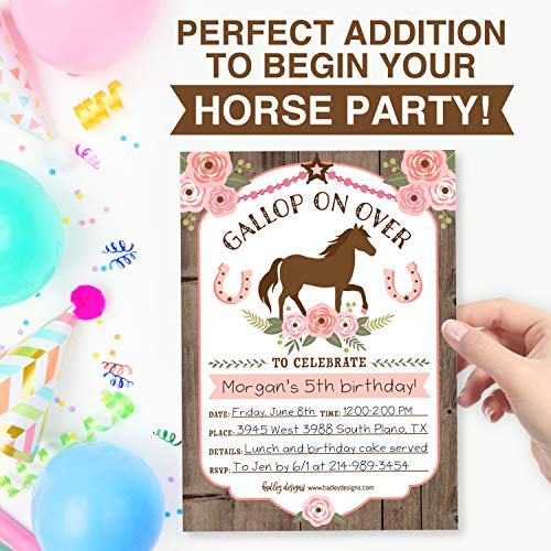 Image of Hadley Designs Kids Birthday Invitations Girl Pony Theme - 25 Horse Birthday Party Invitations For Girls, Gallop on Over Invites For Girls, Cute Ranch Party Supplies, Made in USA