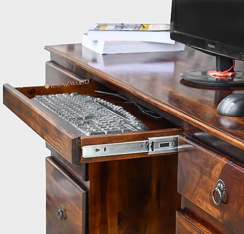 Image of Sheesham Wood Wooden Study Writing Desk Table for Office | Laptop Computer Table with 6 Drawers Storage for Home and Office | Sheesham Solid Wood Study Table,Teak