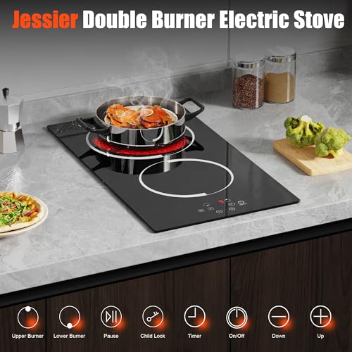 Image of 2 Burner Electric Cooktop - 12 Inch 3000W Built-in Ceramic Cooktop, Two Burner Electric Stove Top with Metal Frame Protection, 9 Heating Level, 220-240V Hard Wire(No Plug)