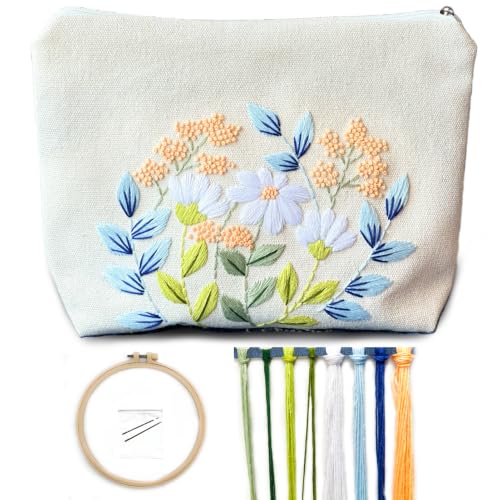 Image of FONNUY Embroidery Kit Makeup Bag for Beginners, Flowers Pre-Stamped Pattern Handbag Coin Purses Making Kits for Adults with Hoop, Easy to Follow Color Thread Needlework (Daisy)