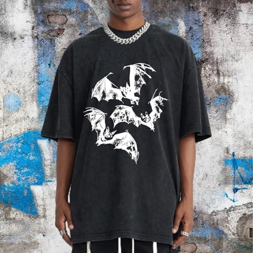 Oversized Mens Graphic Tees Bat Print Vintage Shirt Streetwear Acid Wash Cotton Tshirt Baggy Y2k Short Sleeve Tops2