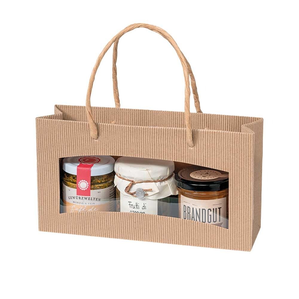 Geschenk-Tragetaschen offene Welle naturfarben, quer mittel, mit Fenster 24,8 + 7,3 x 13,5 cm, 20 Stück
