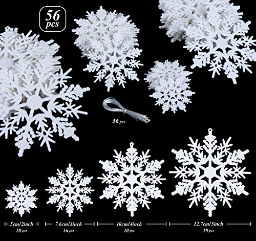 56Pcs Christmas White Snowflakes Ornaments, Plastic Glitter Snowflake Christmas Snowflake Hanging Ornaments Pendants For Christmas Tree Window Door Decoration, Assorted Sizes 2,3,4,5 Inches(White) #TOP4