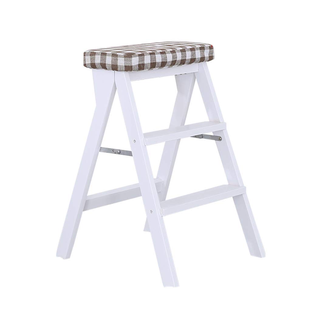 Tabouret d'échelle double usage en bois noble avec coussin géométrique lavable
