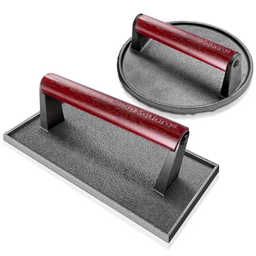 Cast Iron Bacon Press Set 7 Round and 8x4 Rectangle Grill Press for Outdoor Cooking - Non-Stick Griddle Press with Wood Handle for Steak, Burger, Bacon, Sandwich - Ideal for Backyard BBQ, Camping, Tailgating