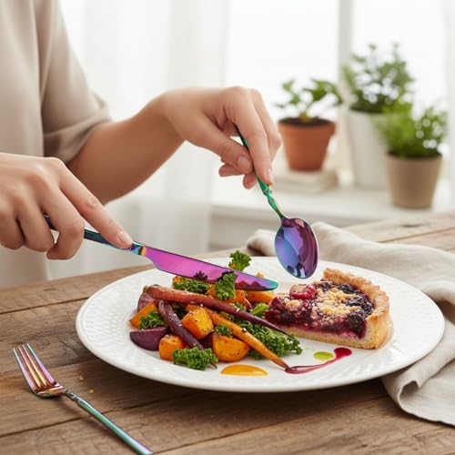 Image of 10 Pcs Rainbow Cutlery Set for Dining Table the Perfect Lightweight Silim Handle Tableware Including Dinner Spoon, Dinner Fork, Dinner Knife, Dessert Spoon & Dessert Fork