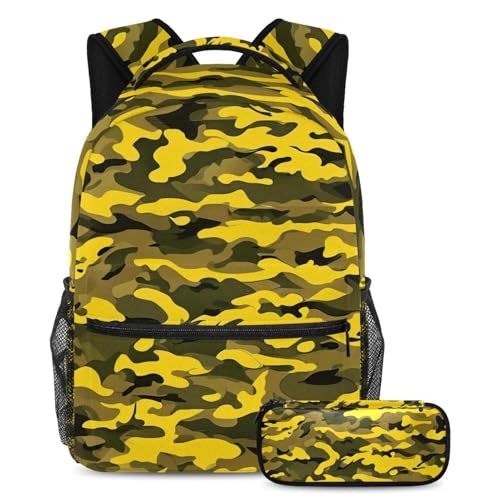 Sac à dos camouflage jaune et trousse assortie pour l'école et le collège