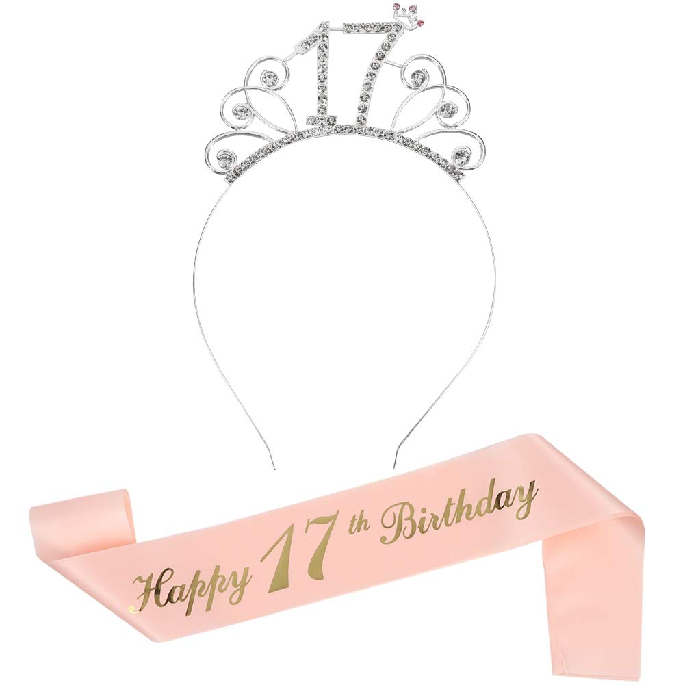 Bohoman 17th Rose Gold Happy Birthday Sash and 17 Birthday Tiara Rhinestone Crown Headband for 17 Birthday Gift Party Accessories,17th Birthday Decoration Girls Women