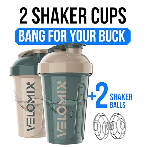 Image of VELOMIX -2 Pack- 20 oz Protein Shaker Bottles for Protein Mixes - 2x Wire Whisk | Leak Proof Shaker Cups for Protein Shakes and Pre Workout | Protein Shaker Bottle Pack (A5) Blue&Beige