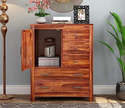 Image of Solid Sheesham Wood Wooden Sideboard Storage Cabinet & Chest of Drawer : Ideal for Living Room and Bedroom with 5 Drawers and 1-Shelf Storage (Avalon, Honey Finish)