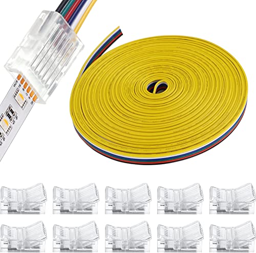 VISSQH Kit de Connecteur de Bande LED RGBW 6 Broches 12 mm,10Packs 6 BrochesConnecteur led sans soudure,10m Câble d'extension de Bande LED Pour Bande Lumineuse LED 12 mm RVB WW ou RVB + CCT
