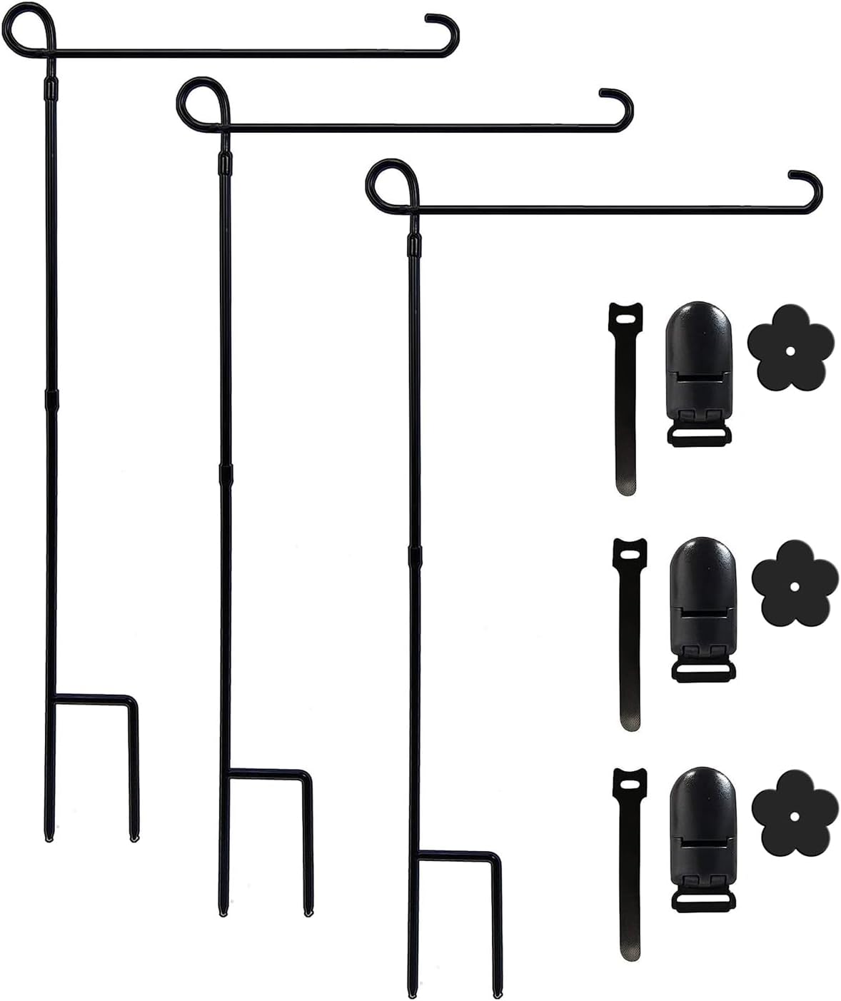 YEAHOME 3PC Garden Flag Holder Stand, Weather-Proof Yard Flag Pole Black Metal Powder-Coated Flagpole with Tiger Clip and Rubber Stopper for Garden Flags Outdoor Decorations