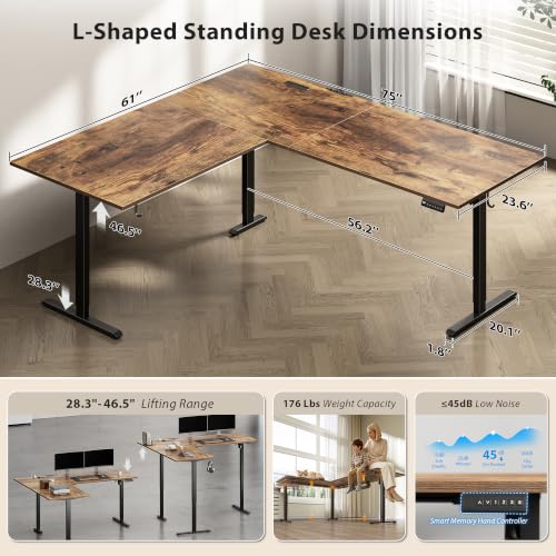 Image of Agilestic 75x61 Inch L Shaped Electric Standing Desk, Corner Workstation, Rustic Brown