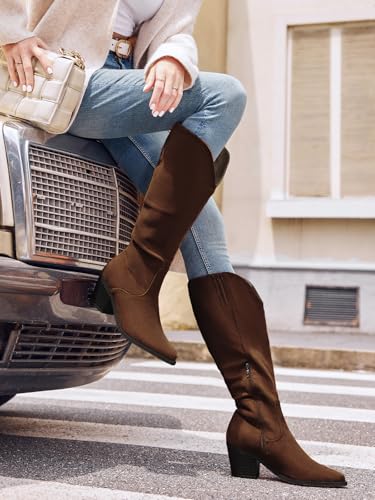 Coutgo Womens Wide Calf Cowboy Boots Suede Knee High Chunky Heel Pointed Toe Western Cowgirl Boots3