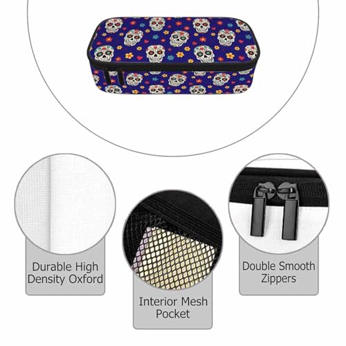 Image of Candy Skulls Pencil Case Flowers Leaves Skull Hearts Pencil Bag Pen Markers Pouch Holder Organizer for Boy Girl School Students