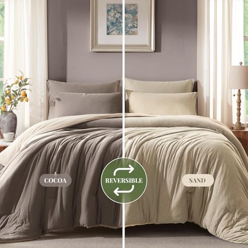 Image of Full Size Comforter Set, Comforters Full Size Luxury Ultra-Soft Jersey Knit Bedding Set, Cocoa /Sand Lightweight Down Alternative Bed Comforter for All Season, 3 Piece Bedding Set