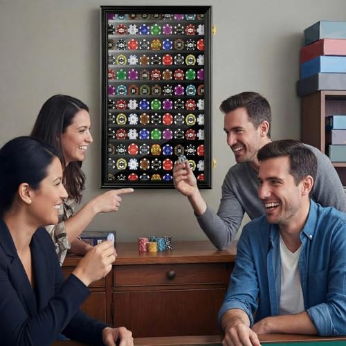 Image of Silipull Challenge Coin Display Case, 28 x 16 Inch Poker Chips Holder Wood Medal Wall Mount Lockable Cabinet Rack Box for Army Navy Air Force Marine Honored Coins