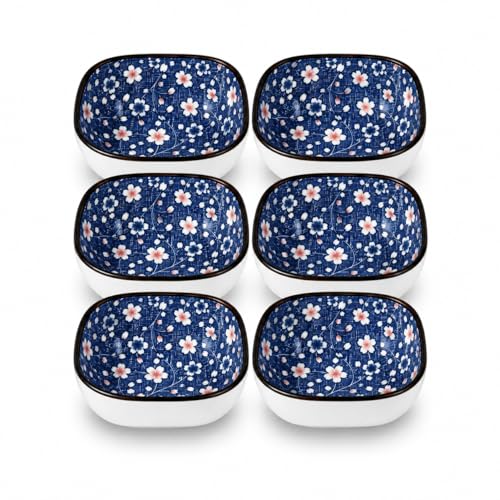 Image of Japanese Style Ceramic Dip Bowl Set of 6 | 200 ml Small Serving Bowls for Sauces, Snacks, Chutney & Desserts, Floral Blue Square Bowls | Porcelain Bowls for Kitchen & Dining (Midnight Sakura)
