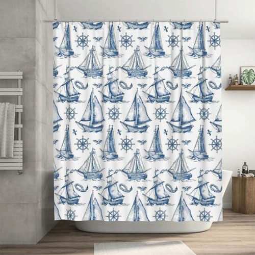 Qewfoju Sailing Cruises Nautical 3 for Shower Curtain Waterproof Shower Curtains for Bathroom 70" x 70" Soft Cloth & Hotel Spa Luxury Polyester Cloth Bath Curtain with 12 Holes