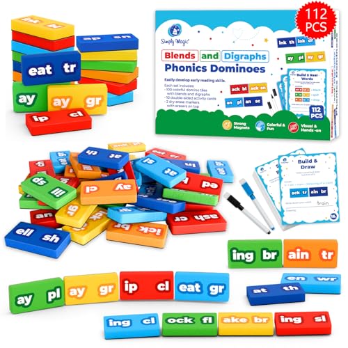 Simply Magic 122 piezas de dominó magnético fonético, mezclas y dígrafos, juegos de fonética para niños, manipuladores fonéticos, azulejos magnéticos de letras fonéticas, manipuladores de