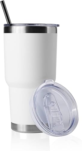 Vista 74 de DOMICARE Vaso de 30 oz con tapa y pajita, vasos de acero inoxidable a granel, aislado al vacío de doble pared, taza para café de viaje, vaso