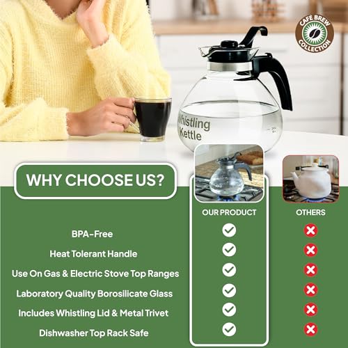 image for CAFÉ BREW COLLECTION Borosilicate Glass Stove Top Whistling Tea Kettl