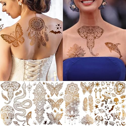 Image of VANTATY 9 Sheets 95+ Patterns Flash Gold Temporary Tattoos For Women, Vintage Indian Tribal Bohemia Lotus Mandala Flower Fake Jewels Tattoo Sleeve For Adults, Glitter Golden Metallic Tatoo Sticker