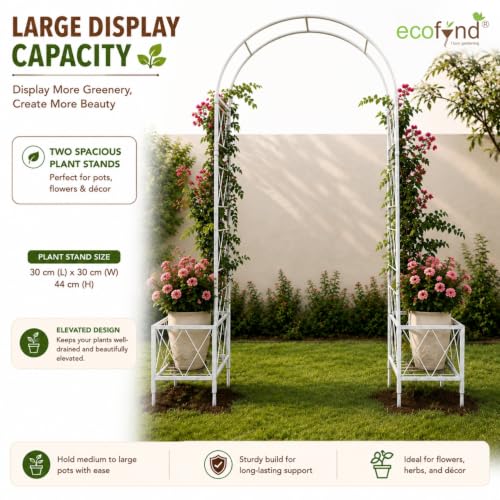 Image of ecofynd 5 Feet High x 4 Feet Wide Graden Arch Plant Stand, Metal Arbor Trellis for Climbing Plants, Backdrop Stand for Indoor Outdoor Lawn Wedding Backyard Party Decoration Items, Patio (GARCH003-WHT)