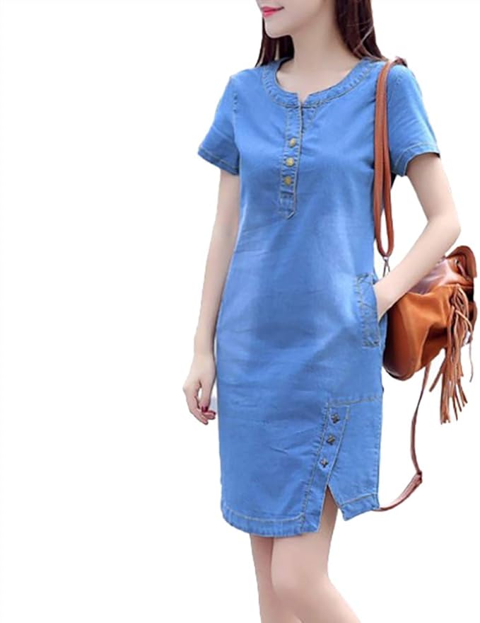 Amazon Co Jp ワンピース レディース 夏 デニムワンピース 膝丈 半袖 スリム ボタン ポケット付き Ol風 エレガント 着瘦せ L 服 ファッション小物