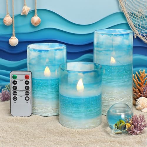 Image of Blue Flickering Flameless Candles with Remote - Glass Battery Operated LED Pillar Candles for Beach /Coastal Theme Wedding Decorations (Set of 3)