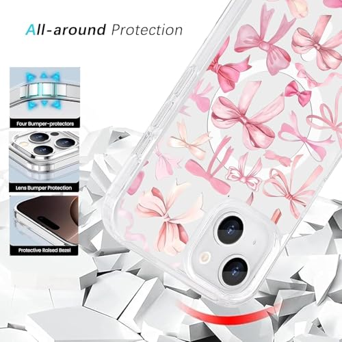 Houdqklee for iPhone 15 Pro Case, Cute Kawaii Magnetic Pink Bow Case Compatible with MagSafe, Wireless Clear Soft Slim Aesthetic Phone Case Protective Cover for Women Girls - image 3