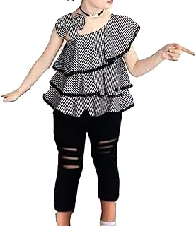 kid girl's Gingham Ruffle Top, Black Ripped Leggings-kid girl's Casual Outfit