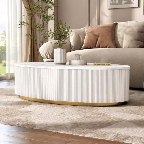 Image of Luxury Oval White Coffee Table with Nano Composite Marble-Look Top & Gold Base, Waterproof Plywood, Contemporary Center Table with Ribbed Fluted Design for Living Room & Home Decor