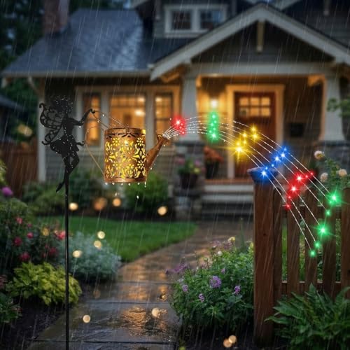 Luckybell Solar Watering Can with Cascading Lights Outdoor Garden Decor,Waterproof Solar Lantern with Fairy Shepherd Hook,Solar Fairy Lights Outdoor Decoration,Unique Garden Gifts for Women, Flow RGB