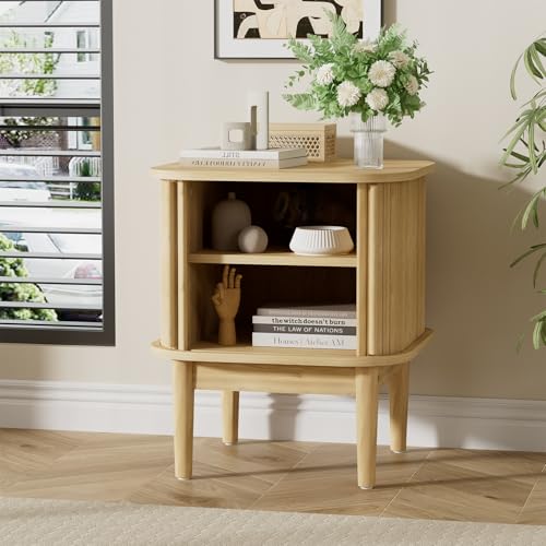Image of Furniway Mid Century Nightstands Set of 2, Fluted Bedside Tables with Sliding Door Storage, Wooden End Tables with Solid Wood Legs for Bedroom, Natural