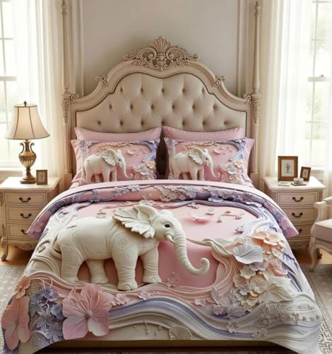 Image of Premium 7D Digital Printed Cotton Flat Bedsheet (90 X 100) Inch with 2 King Size Pillow Covers -300 TC Fabric, Design & Superior Comfort Double Bedsheet for Double Bed (Pink - Elephant Pattern)