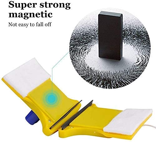 Image of Magnetic Window Glass Cleaner | Doublefaced Glass Cleaner | Double-Side Glazed Two Sided Wiper with 2 Extra Cleaning Cotton Squeegee Washing Equipment Household Magnet | (Yellow Window)