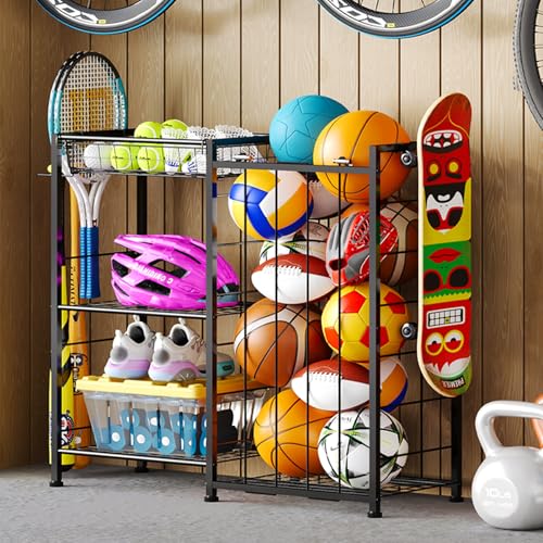 Sports Equipment Organizer, Ball Storage Rack with Elastic Straps and Removable Basket for Garage...