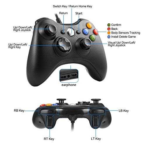 JAMSWALL Manette filaire Xbox 360, Filaire GamePad Controller, Manette du Contrôleur de Jeu Filaire avec Double Vibration Pour PC Xbox 360 Windows (Noir)