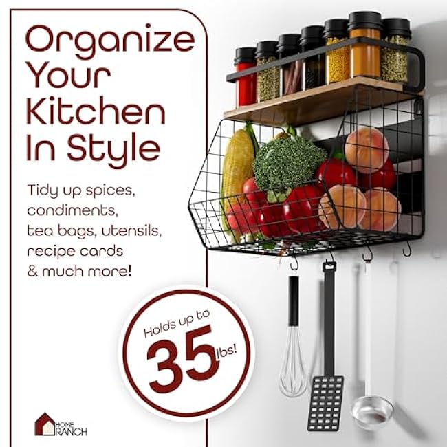 Set of 2 Magnetic Fridge Shelves, Black Metal & Light Oak Wood. Sleek Magnetic Rack Organizer for Spices, Condiments, Veggies, & More. Minimalist Magnetic Fridge Shelf, Storage Bin Basket.