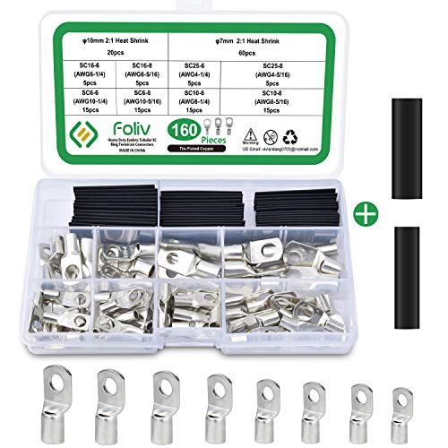 FOLIV 160PCS Copper Wire Lugs 10/8/6/4 Gauge, Tinned Copper Battery Cable Ends SC Ring Terminals with Heat Shrink Tubing