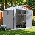 Devoko 6x6 FT Resin Shed with Floor, Outdoor Plastic Storage Sheds with Windows, Waterproof Utility Tool Garden Shed with Lockable Door for Backyard Patio Lawn, Light Gray