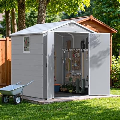 Devoko 6x6 FT Resin Shed with Floor, Outdoor Plastic Storage Sheds with Windows, Waterproof Utility Tool Garden Shed with Lockable Door for Backyard Patio Lawn, Light Gray